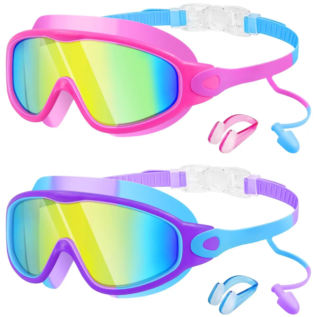 2 Pack Kids Swim Goggles for 3-15 UV Protection Anti-Fog Pool Water, Swimming Goggles with Earplugs Nose Clip For Boys Girls Youth Toddler summerwins